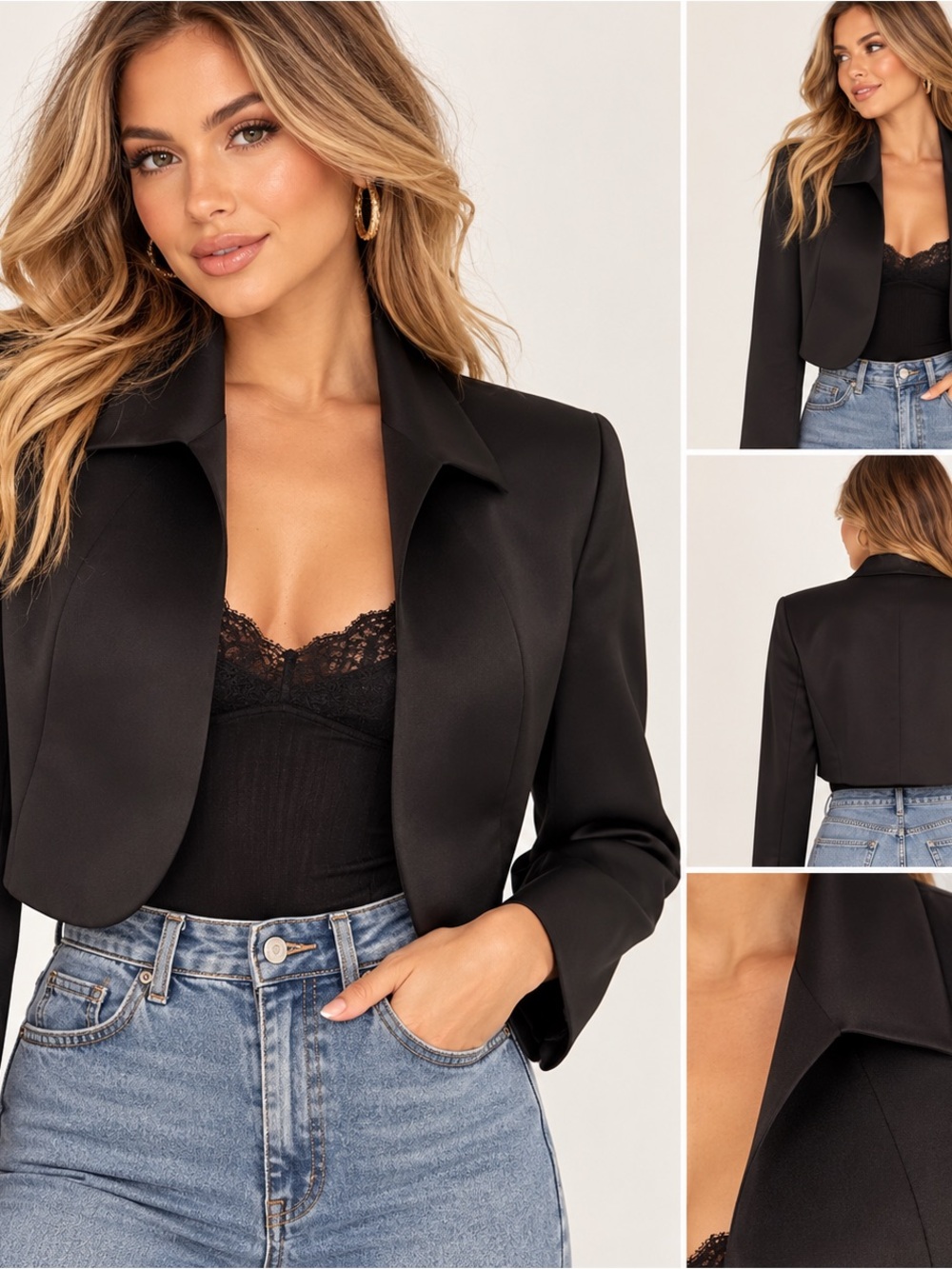 Tahari Black Cropped Bolero Blazer Jacket Satin Open Front Tailored size 12